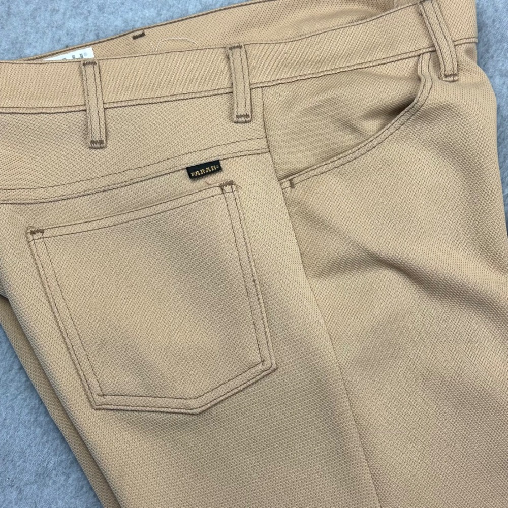 Vtg Farah Hopsack Flare Leg Trousers Tan Beige Mens 34x30 USA Made 70s Style
